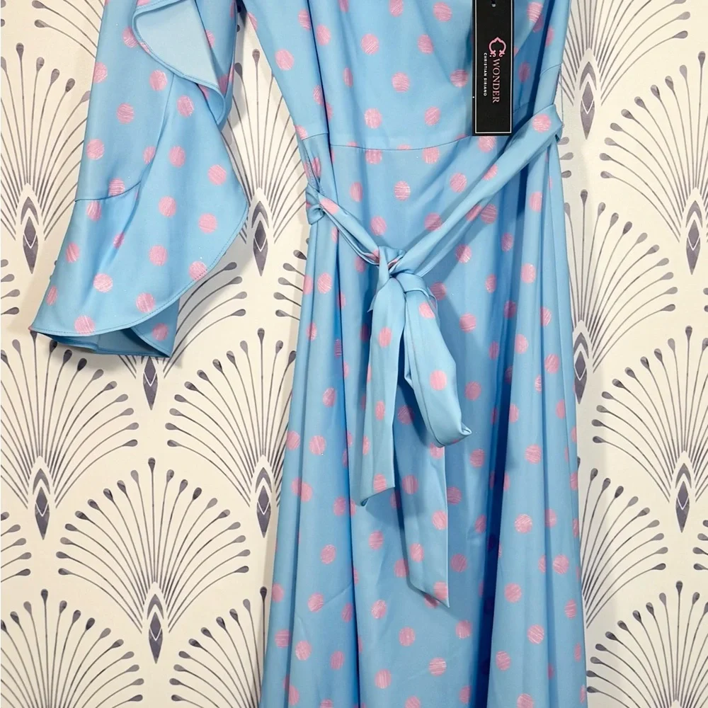 One-Shoulder Blue and Pink Long Polka Dot Dress - Picture 3 of 5